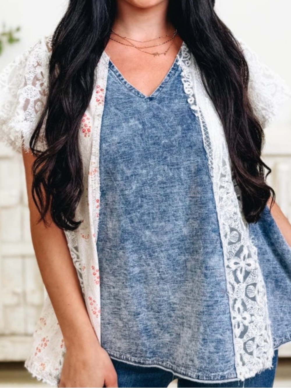 NWOT POL DENIM LACE TOP IN SIZE SMALL